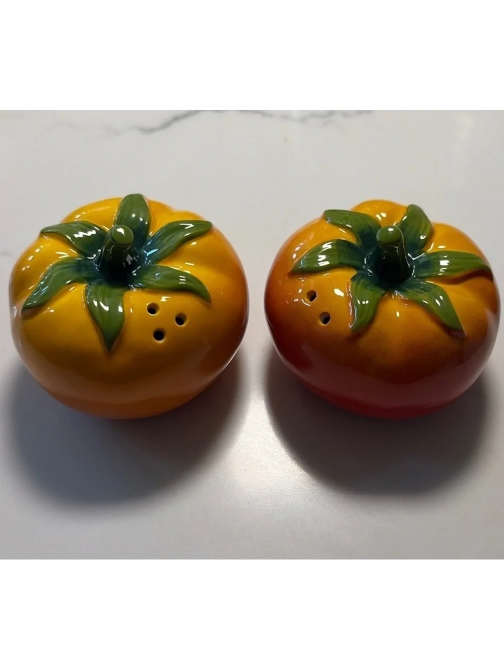 Ceramic Tomato-Shaped Salt and Pepper Shakers Set - Hand-Painted Yellow and Red,